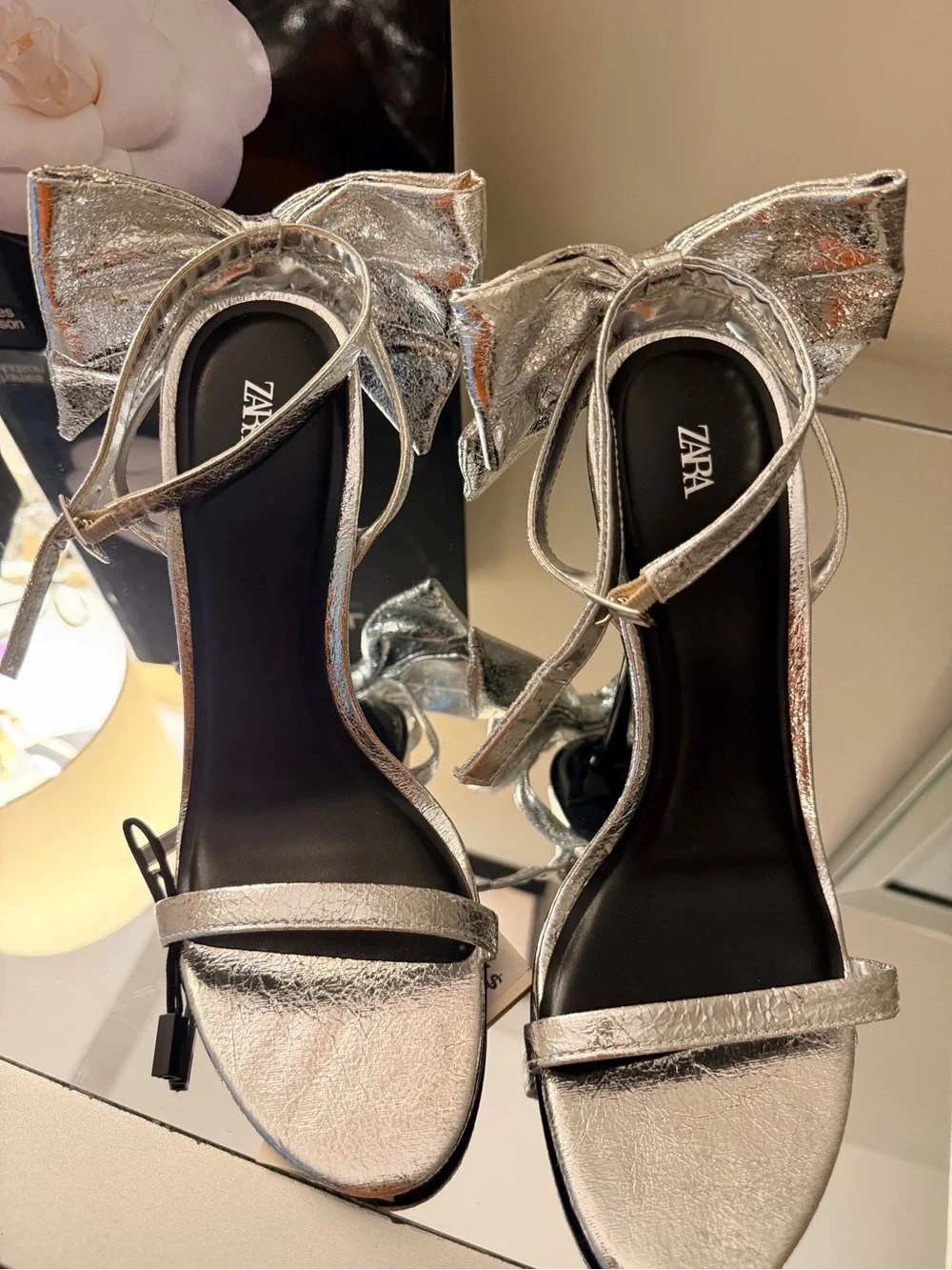 Zara Silver Metallic Bow Strappy High Heel Sandals